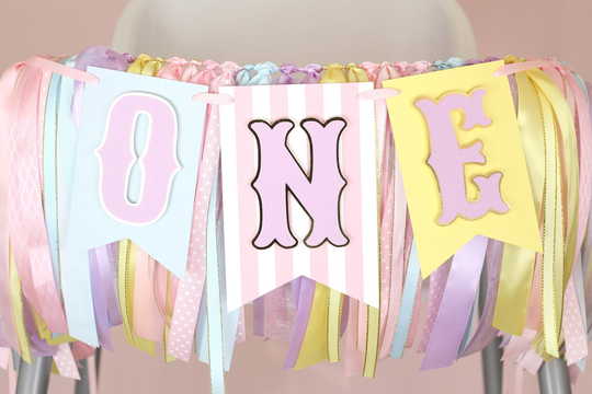 Pastel Carnival Circus High Chair Banner | First Birthday Swag Light Pink, Purple, Pale Blue, Yellow & Gold One