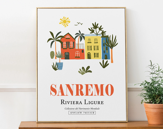 Sanremo Liguria Italy Colorful Houses Illustration Boho Wall Decor Print Poster