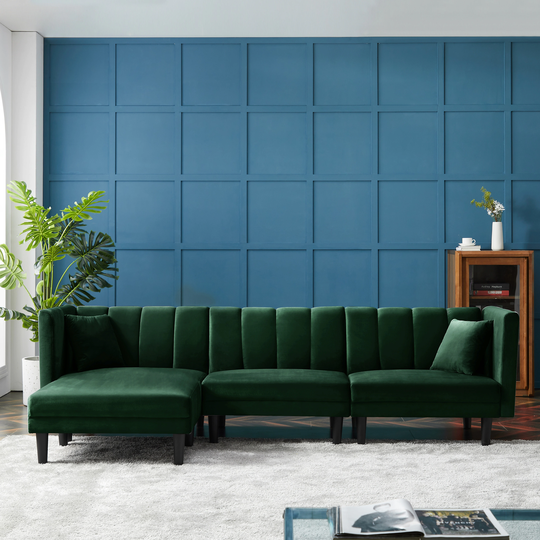 Adjustable back Velvet Sectional Sofa Sleeper With 2 Pillows, Reversible Orientation 107" Sleeper Sofa, Dark Green