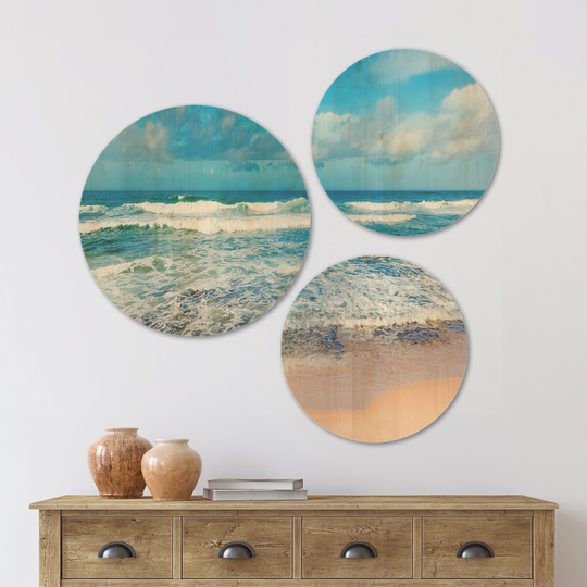 Designart 'Indian Ocean Panoramic View' Seashore Wood Wall Art Set of 3 Circles - Multi-Color
