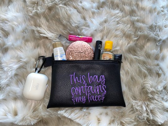 Inventory Clearance Embroidered Zipper Bag | Faux Leather Make Up Cosmetic Case Pencil Holder Black Pouch