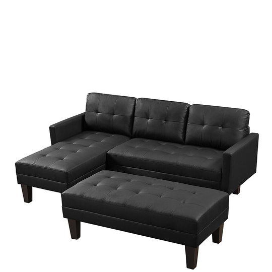 Black Faux Leather Sectional Sofa Bed , L-shape Sofa Chaise Lounge with Ottoman Bench
