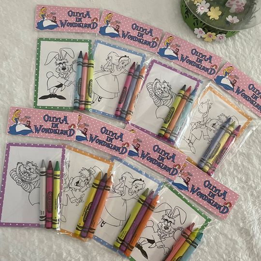 Alice in Wonderland Party Favor Coloring Kit. Personalized Coloring Pages & Crayons. Custom Gift. Mad Hatter Ideas