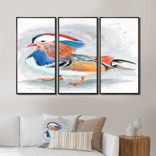Designart 'Colorful Mandarin Duck' Traditional Framed Canvas Wall Art Print Set of 3 - 4 Colors of Frames
