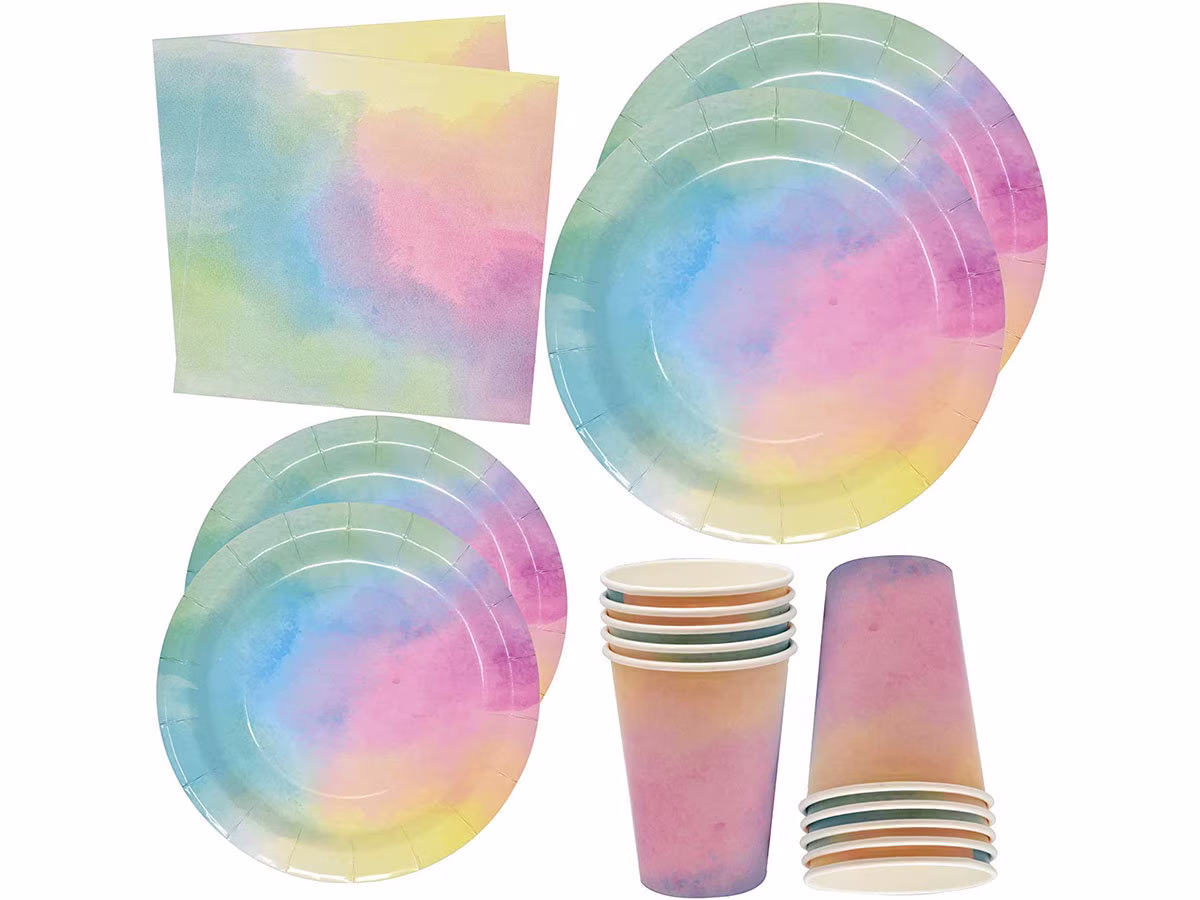 Rainbow Pastel Water Color Party Supplies Tableware Set 24 9" Plates 7" Plate 9 Oz. Cups 50 Lunch Napkins For Colorful Birthday