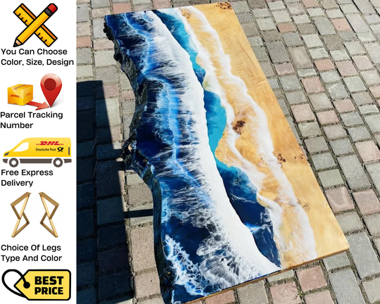Caribbean Sea Coffee Table, Vıew Center Epoxy Ocean Living Room Resin Wave Table