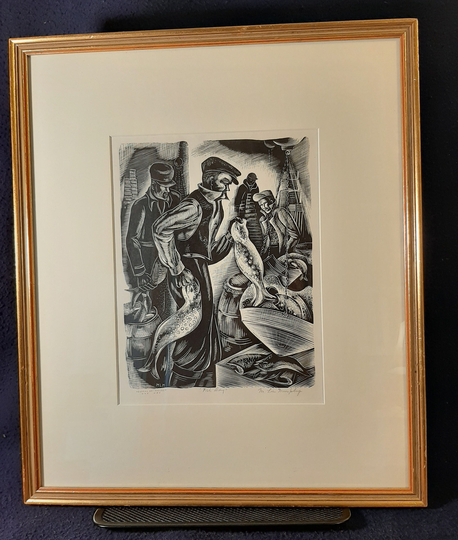 Minnie Lois Murphy | American 1901-1962, "Fish Day", Wood Engraving 1937 Signed in Pencil, Wpa Stamp, | Free Shipping