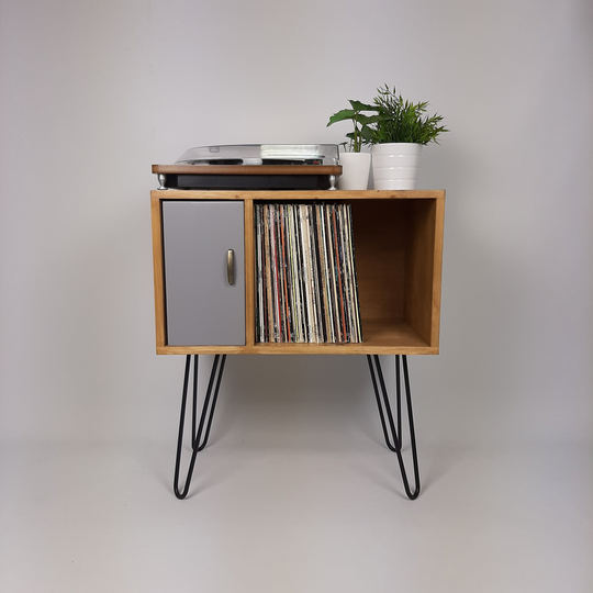 Small Oak Credenza | Grey Door Media Unit Storage Buffet Scandi Minimalist Design Hairpin Legs Table