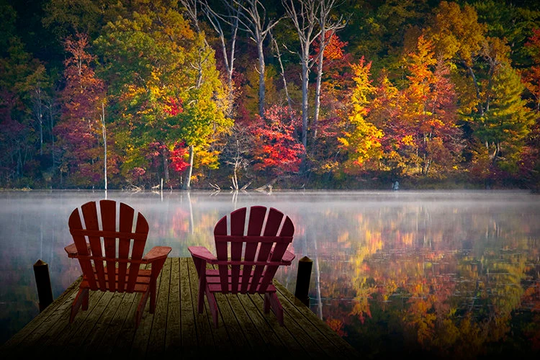 Adirondack Chairs By A Small Lake On Boat Dock in Autumn With Early Morning Light, Fall Landscape, Colors, Serene Scene, Wall Art