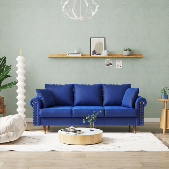 Modern Velvet 3 Seater Sofa with 2 Pillows And Wood Legs