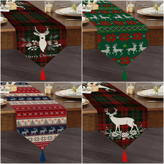 Christmas Table Runner|High Quality Triangle Dining Runner|Merry Tabletop|xmas Deer Print Runner|Winter Trend Runner