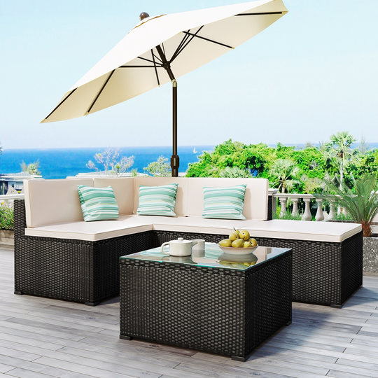 5-Piece Patio Rattan PE Wicker Sectional Sofa Chair, with 2 Sofa chairs, 1 Corner chair, 1 ottoman and 1 glass coffee table,
