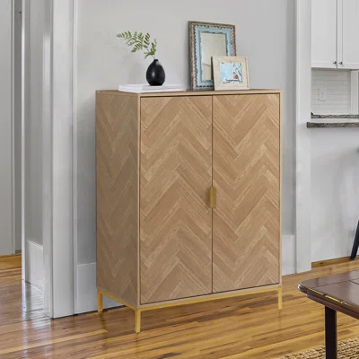 Herringbone Wood Accent Storage Cabinet With 2 Doors, Natural Oak Tall Sideboard Cupboard With Adjustable Shelves For Living Room Kitchen Hallway Entr