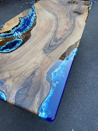 Walnut Dining Table, Custom 96" X 42" Ocean Blue, White Epoxy River Order For Nicole S