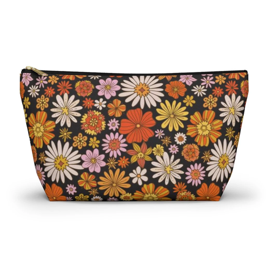 Retro 70S Daisy Makeup Pencil T Pouch, Large Flat Pouch Case, Travel Organizer, Groovy Zipper Bag, Cosmetic Toiletry Bag