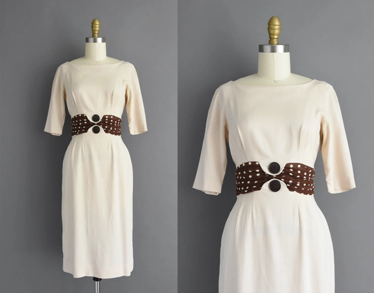 1950S Vintage Dress | Sue Leslie Beige Cotton Polka Dot Cocktail Bridesmaid Pencil Skirt Dress Small 50S
