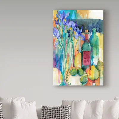'Table Scape with Irises' Watercolor Painting Print on Wrapped Canvas