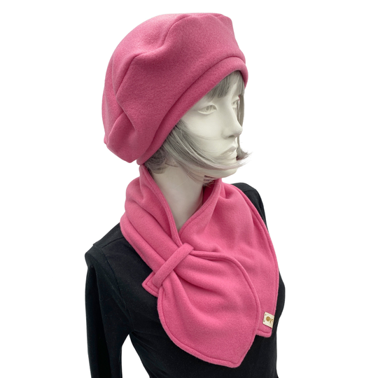 Pink Beret, Or Choose Your Color, Fleece Winter Hat Women, & Scarf Set, Valentines Day Gift, Handmade in Usa