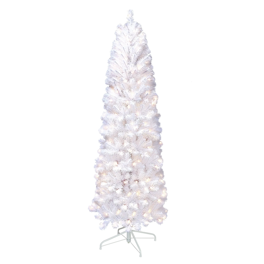 Puleo International Pre-Lit 7.5' White Pencil Northern Fir Artificial Christmas Tree with 350 Lights, White