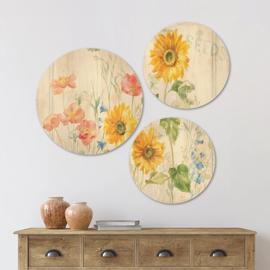 Designart 'Floursack Florals I' Floral & Botanical Wood Wall Art Set of 3 Circles - Multi-Color