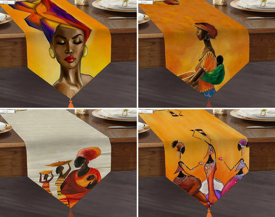 African Ladies Table Runner, Ethnic Triangle Traditional Tablecloth, Tasseled Authentic Kitchen Kwanzaa Gift, Home Present