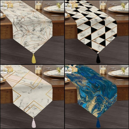 Marble Patterned Table Runner|Tasseled Chenille Runner|Triangle Runner|Decorative Tablecloth|Home Decor|Kitchen Decor|Printed Runners