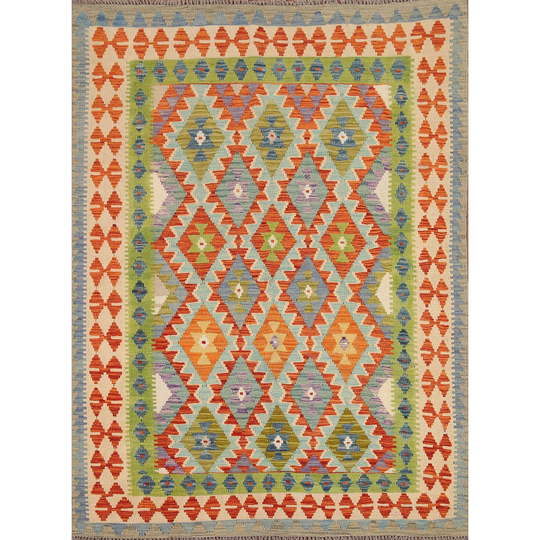 Colorful Kilim Geometric Area Rug Flat-weave Wool Carpet - 5'5"x 6'9"