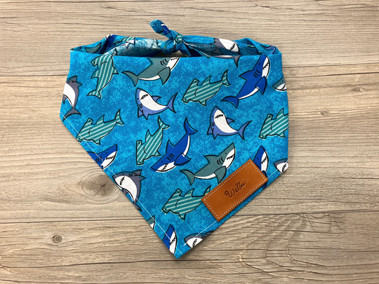 Dog Bandana, Sharks Blue Ocean, Traditional Tie, Personalized Leather Name Tag Bandanna, Scarf, Pet Accessories, Puppy Bandana