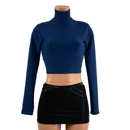 Poseidon Blue Zen Turtleneck Crop Top With Long Sleeves 157878