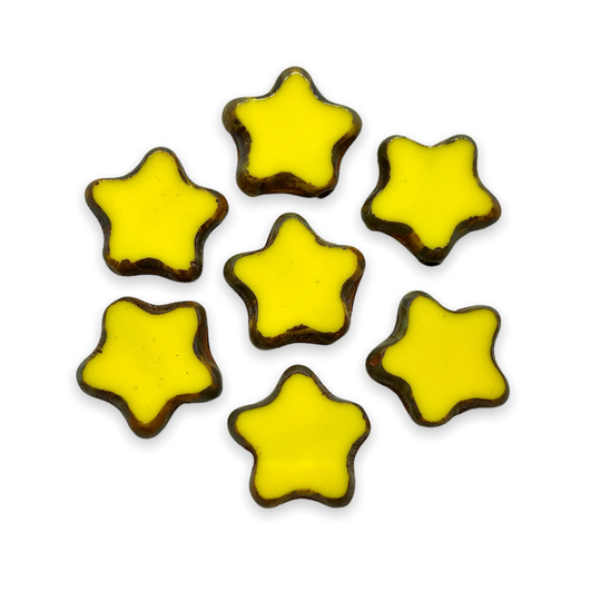 Czech Glass Table Cut Star Beads 10Pc Opaque Yellow Picasso Edge 12mm