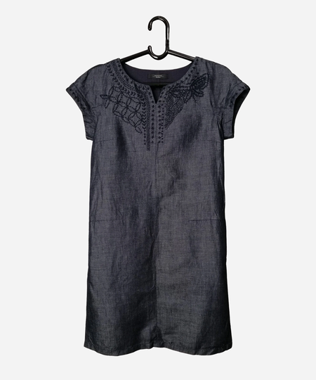 Max Mara Weekend Vintage Denim Dress Womens Designer Embroidered Jean Short Sleeve Pencil Midi