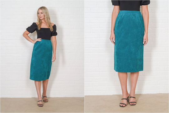 Vintage 80S Green Ultra Suede Skirt High Waist Pencil Straight Medium M