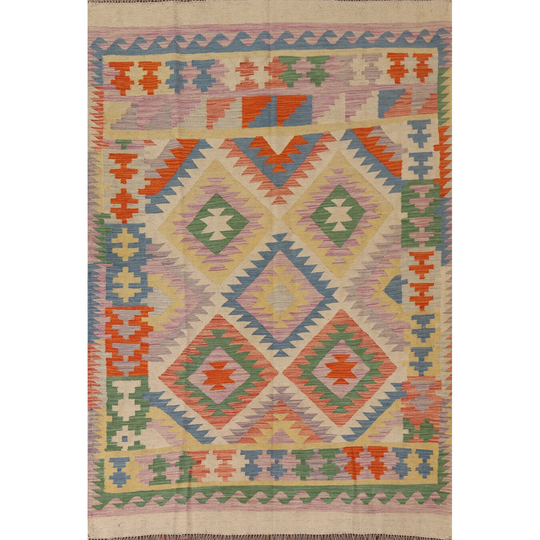 Multi-Color Reversible Kilim Area Rug Flat-weave Wool Carpet - 4'10" x 6'9"