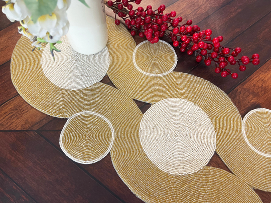 Handmade Table Runner, Beaded Cream & Gold Bead 13x36Inch