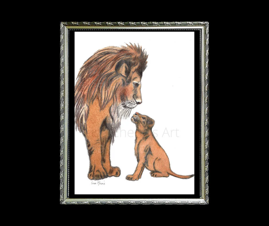 Lion Father & Baby Drawing, Home Decor, Pencil Children's Room, Nursery, Fatherhood, Animal Nursery Art, Shower Gift, Unisex