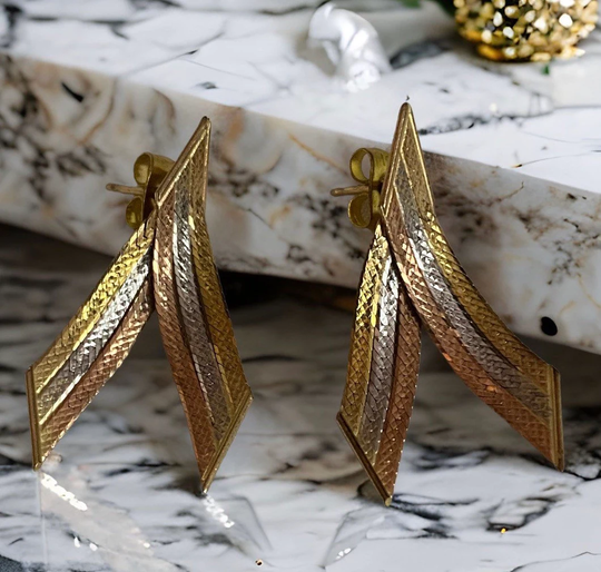 Vintage Italy 14K Tri-Color Gold Large "V" Pierced Earrings Gorgeous