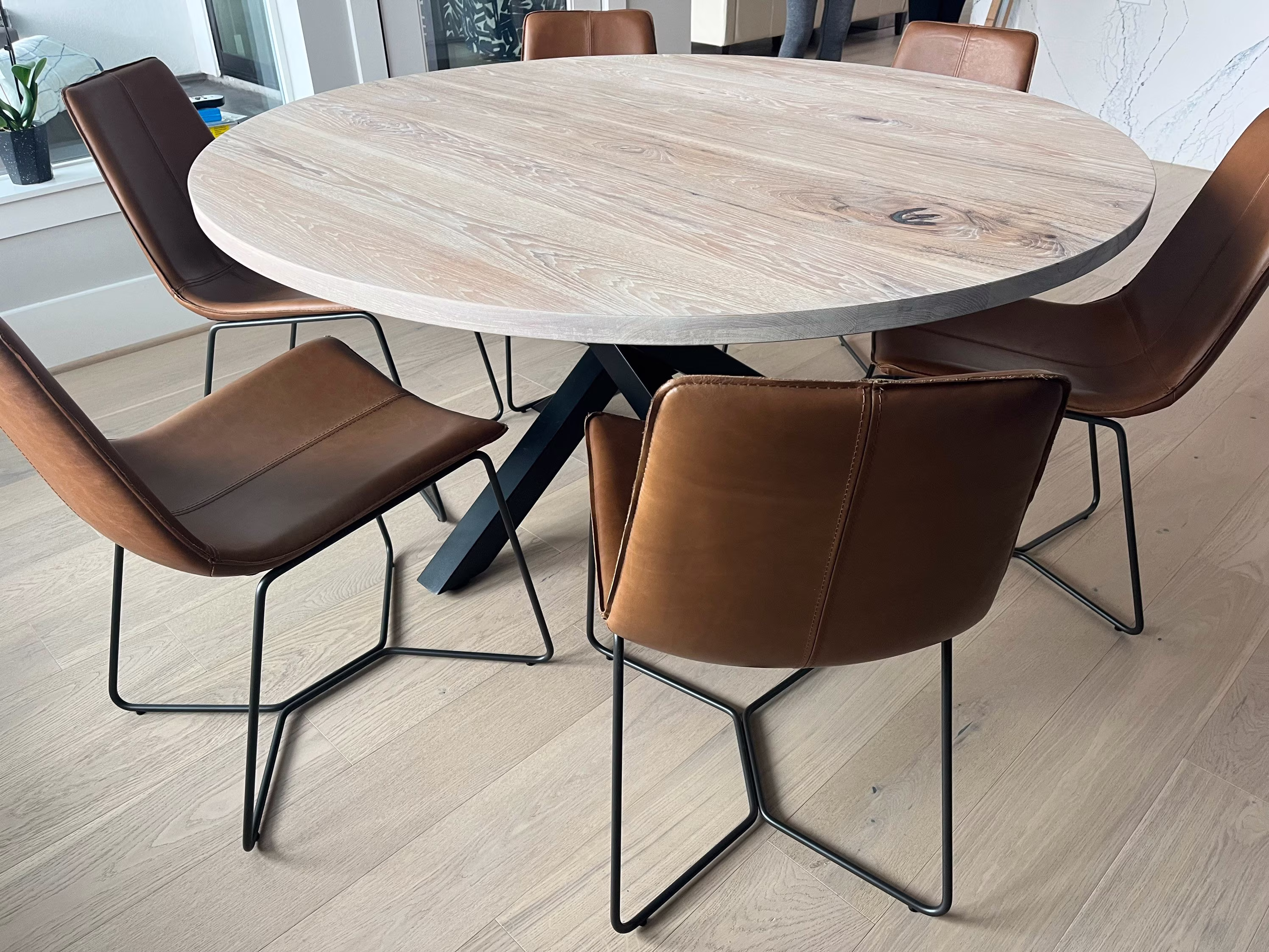 Custom Round Hickory Dining Table With Geometric Metal Base