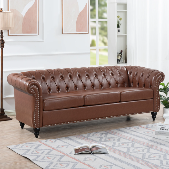 84' BROWN PU Rolled Arm Chesterfield Three Seater Sofa.