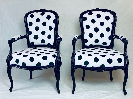 Can Replicate Free Shipping-Pair French Arm Chairs With Black & White Dot Fabric Magenta Cording