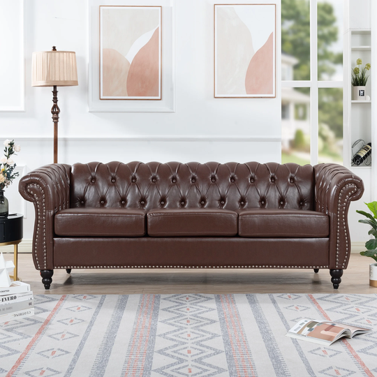 84" PU Leather Seat Cushions Three Seater Sofa Traditional Rolled Arm Chesterfield Sofa with Wood Legs and Nailheads Finish