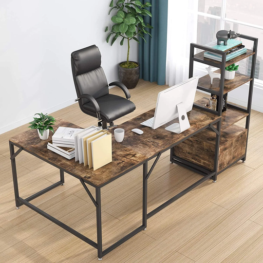 Reversible L-shaped Office Storage Desk with Shelves and Cabinet