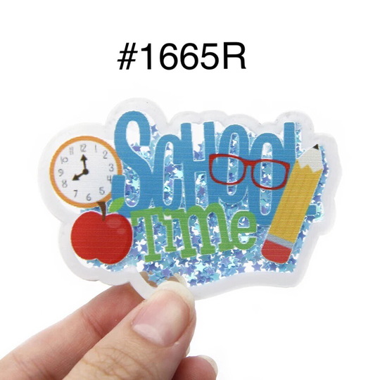 3 Or 5 Pc - School Time Clock, Apple & Pencil With Blue Star Sequin Shaker Flat Back Cabochon Hair Bow Center Craft Supply