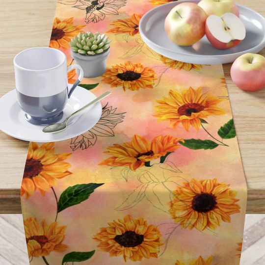 Boho Summer Sunflower Table Runner - Eclectic Flower Yellow Peach Watercolor For Summertime Kitchen