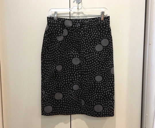 Vintage Marimekko Brushed Twill Pencil Skirt, Black & Gray Polka Dot Print, Fly Front, Mika Piirainen, Size 38 | S-M, Excellent Condition