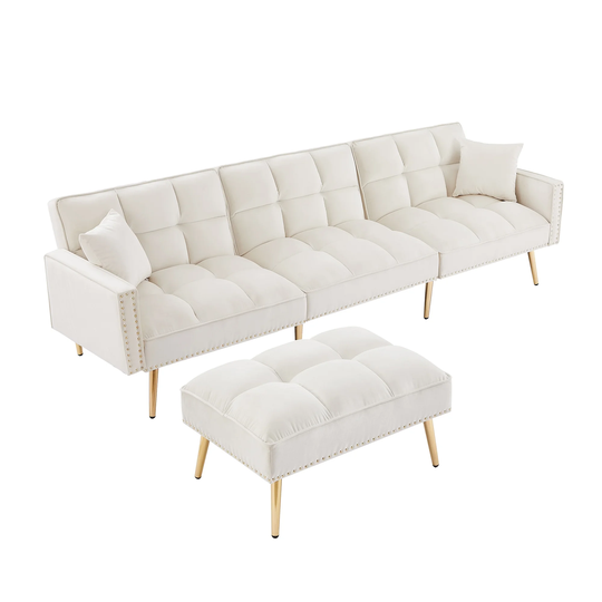 White Velvet Upholstered Reversible Sectional Sofa Bed , L-Shaped Couch with Movable Ottoman