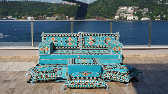 Sky Blue Etnic Majlis Sofa, Reading Floor Seating Couch, Turquoise Sofas, Japanese Style Home Decor, Bohemian Meditation Yoga Cushions