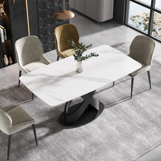 63" Rectangular Sintered Stone Dining Table for 4-6,Solid Black Carbon Steel Base