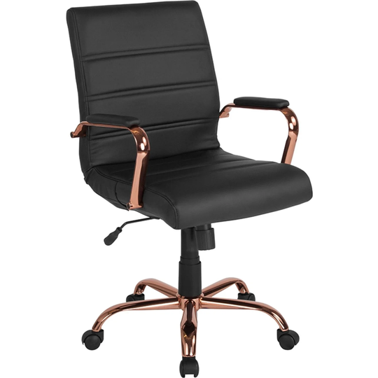 Offex Mid Back Black Leather Executive Swivel Office Chair with Rose Gold Frame and Arms - Not Available