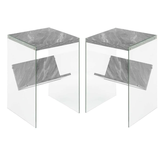 End Table in Gray Faux Marble Wood Finish with Glass - Set of 2 - 54 x 84