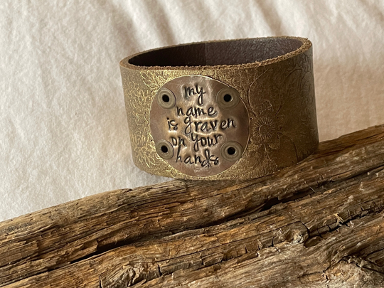 Leather Word Cuff-My Name Is Graven On Your HandsWeathered Leather - -6.5 Inch Wrist-L